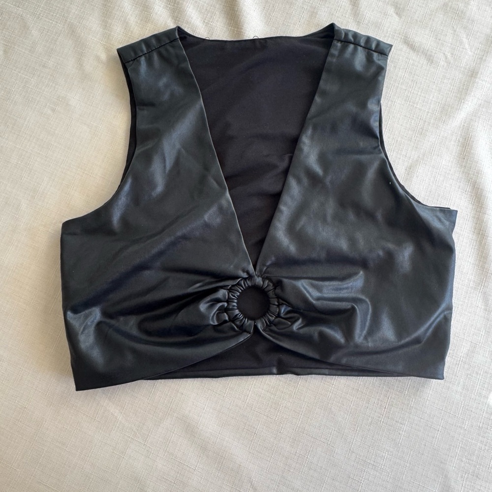 Black Faux Leather Ring Detail Crop Top / Vest